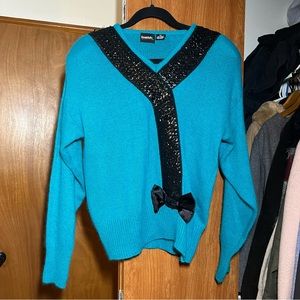 Beautifully Mine Vintage 80s Silk & Angora Blend Teal Pullover Sequin Sweater L